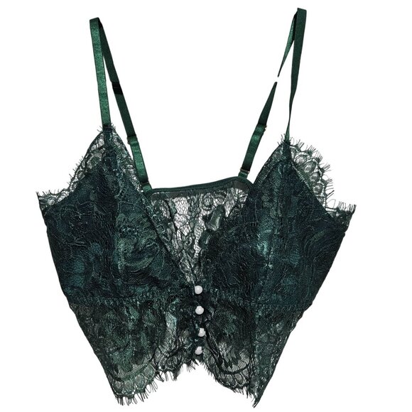 Green Lace Bralette Size Medium Adjustable Straps Button Front Closure Bra - Picture 1 of 3